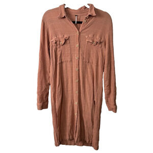 Free People M Gauze Button Front Shirt Dress Women’s Long Sleeve Slits E5